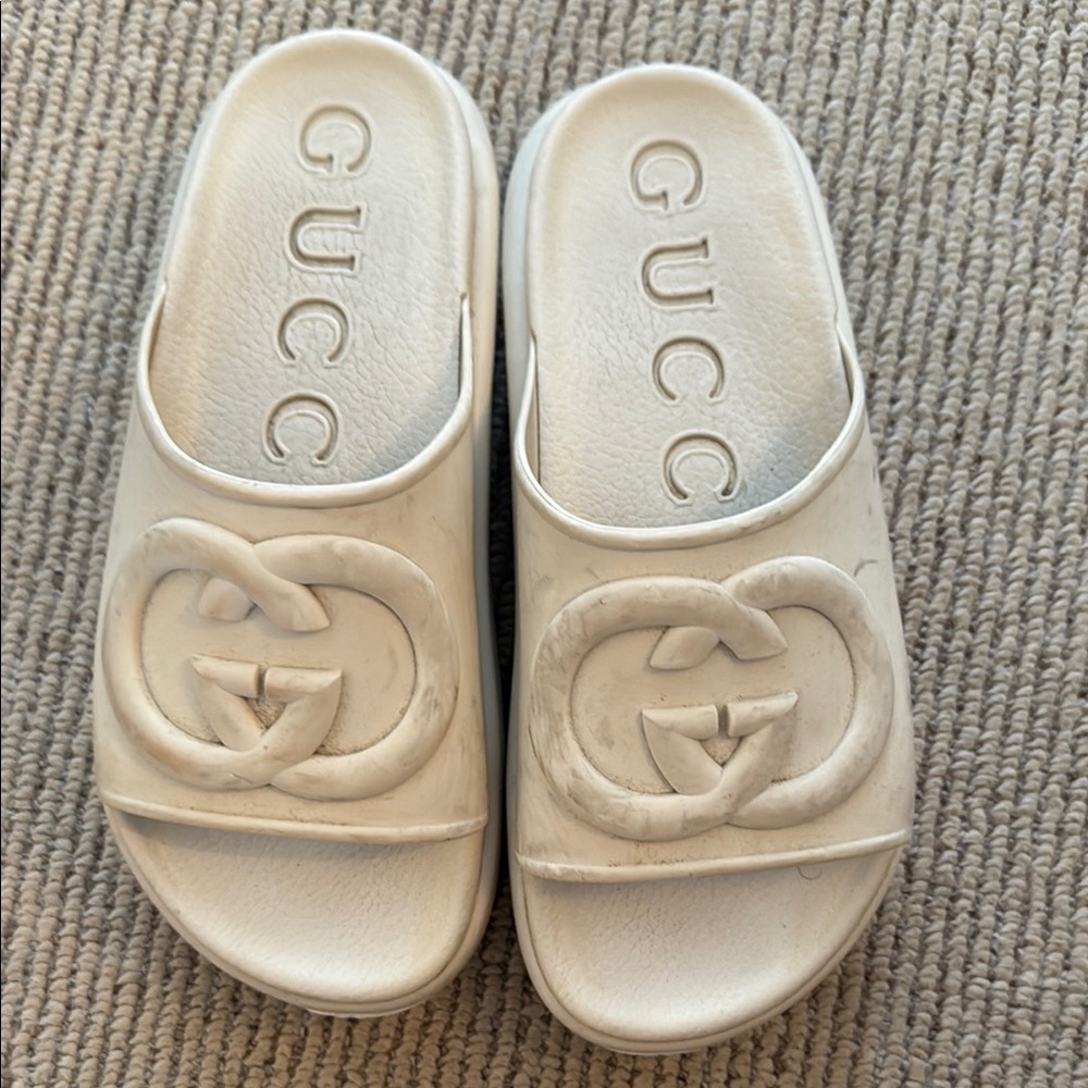 Gucci White Slide Sandals with GG Logo